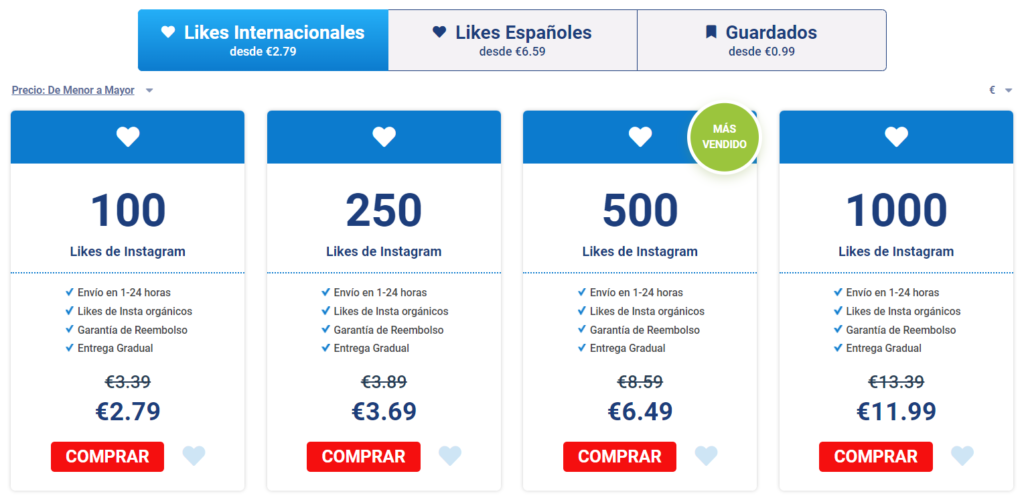 Precios por likes en Instagram - 1Seguidores