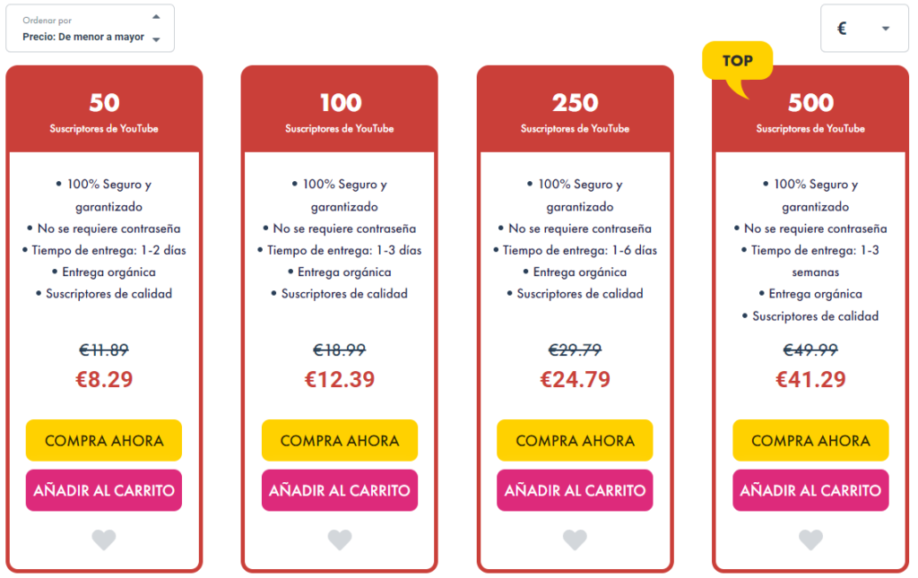 Precios de suscriptores del canal de YouTube - SocialBoss