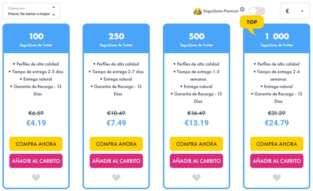 Precios de seguidores de Twitter - SocialBoss