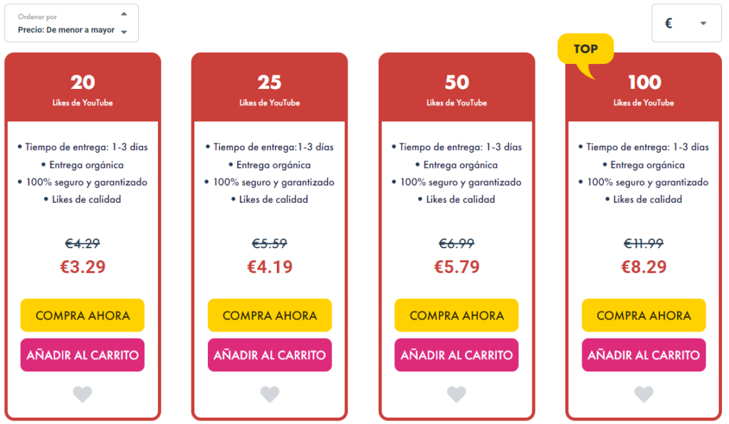 Precios de likes de vídeos de YouTube - SocialBoss